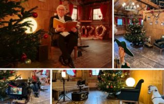 Collage vom Weihnachtsfilm für das Werksviertel Mitte: Erzähler mit Buch am Christbaum und Szenen im Set
