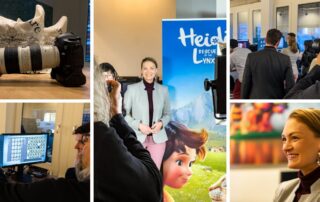 Collage vom Besuch der Digitalministerin Judith Gerlach bei Studio 100 Media: Kameras, Heidi-Plakat und Gäste