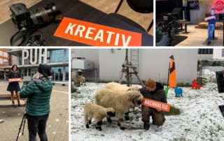Collage von Drehs im Werksviertel Mitte: Kamera, Schild „Kreativ“, Interview vor dem Gebäude und Schafe im Schnee