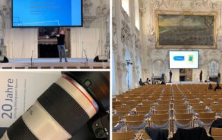Collage vom Festakt 20 Jahre Stiftung Bildungspakt Bayern in Schloss Schleißheim: Bühne, Saal und Kamera