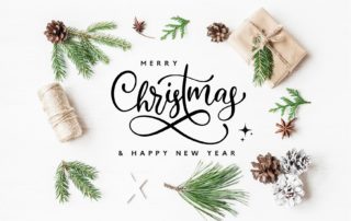 Weihnachtskarte „Merry Christmas & Happy New Year“ mit Tannenzweigen, Zapfen und Geschenk