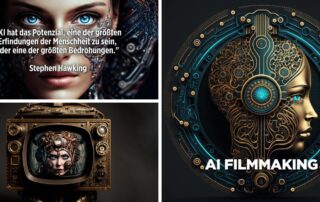 KI-generierte Motive mit Zitat von Stephen Hawking und Titel „AI Filmmaking“ – Workshop für die Wolffilms Academy