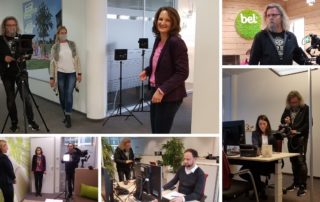 Collage vom Dreh bei Bel DACH: Michael J. Müller an der Kamera und Mitarbeitende bei Interviews im Büro