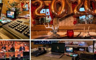 Collage vom virtuellen Siedlertreff: Bildmischer, weihnachtliche Kulisse mit „2020“-Ballons und Streaming-Monitore