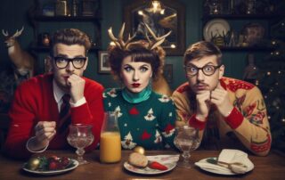 Drei Personen in Weihnachtspullovern und mit Rentiergeweih am festlich gedeckten Tisch – Weihnachtsgruß 2023