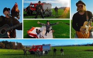Collage vom Videoclip „Leben so wie ich es mag“ mit Steve Garrett: Gitarre, Feuerwehrauto und Wiese vor den Bergen