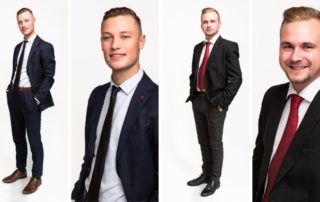 Vier Mitarbeiterporträts in Anzug vor weißem Hintergrund – Fotoshooting für die Regionaldirektion Stubenrauch