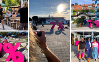 Collage vom TV-Spot „7 % auf Speisen müssen bleiben“ für die DEHOGA Bayern: pinke 7-%-Figuren und Gäste im Biergarten