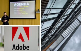 Collage vom Pro Video Munich Meetup bei Adobe: Agenda, Adobe-Logo und Glasfassade