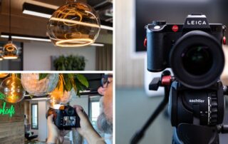 Collage vom Fotoshooting im Business Campus Garching: Business Workcafé, Leuchten und Leica-Kamera – für office4you
