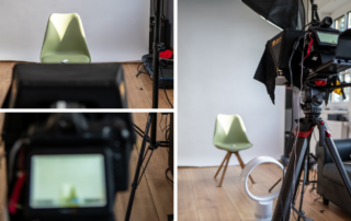Interview-Set mit grünem Stuhl, Kamera und Monitor im Studio – Recording Day für die Bayerische Krebsgesellschaft