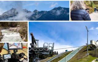 Collage vom Dreh in Garmisch-Partenkirchen: Berge, Wildbach, Skisprungschanze und Kamera – BiG für die Stiftung Bildungspakt Bayern