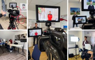 Collage vom Werbespot-Dreh am Deutschen Fußball Internat: Kameras, Monitore und Interviews