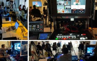 Collage vom hybriden Live-Event der Stiftung Bildungspakt Bayern: Streaming-Regie, Bildmischer und Publikum