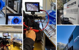 Collage vom Dreh bei FMA Mechatronics in Liechtenstein: Kamera mit Monitor, Fertigung und Firmengebäude