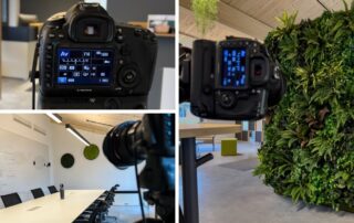 Collage vom Fotoshooting bei Global Climate: Kamera, Besprechungsraum und Pflanzenwand – für office4you