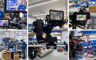Collage vom Dreh bei InPeKo Technologies: Kamera auf Slider, Monitore und Mitarbeitende in der Fertigung