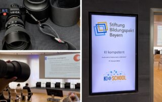Collage vom Fotoshooting „KI kompetent“: Leica-Kamera, Vortrag und Bildschirm mit Logo KI@school