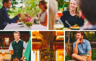 Collage vom Fotoshooting auf der Krottenthaler Alm: Gäste beim Anstoßen, Kellner in Tracht und Speisen