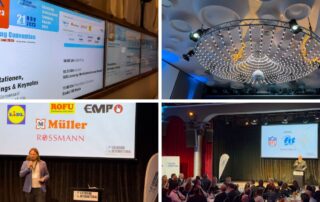 Collage von den Licensing International Germany Awards 2023 im Parks Nürnberg: Bühne, Sponsorenwand und Saal