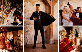 Collage aus dem Videoclip „Pinocchioball“: Der Kofler mit Akkordeon, maskierte Gäste an der Festtafel auf Schloss Langenburg