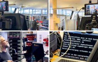 Collage vom Dreh „Inbetriebnahme“ bei RCS Audio-Systems: Kamera mit Monitor, Kameramann und Teleprompter