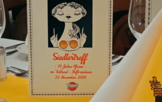 Tischkarte „Siedlertreff – 70 Jahre Pfanni“ im Festsaal des Hofbräuhauses München, 25. November 2019