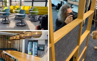 Collage vom Fotoshooting bei XIBIX: Lounge, Küche und Fotograf mit Hund am Fenster – für office4you