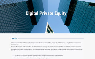 Startseite der Website von AlphaInvest Capital Partners „Digital Private Equity“ mit Glasfassaden