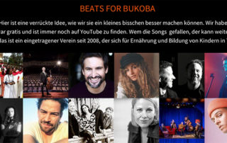 Seite „Beats for Bukoba“ mit Porträts der beteiligten Musiker – Charity-Streaming-Projekt
