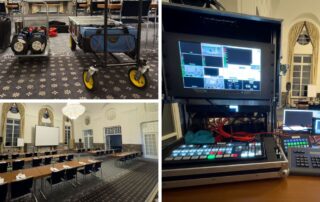 Collage vom Multicam-Streaming „KI@School“ in Bad Brückenau: Technik auf Rollwagen, Saal und Bildmischer