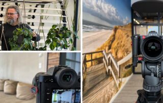 Collage vom Fotoshooting im Business Campus Unterschleißheim: Lounge, Pflanzen und Kamera mit Weitwinkel