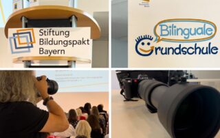 Collage vom Fotoshooting „Bilinguale Grundschule“: Rednerpult der Stiftung Bildungspakt Bayern, Logo und Fotografin