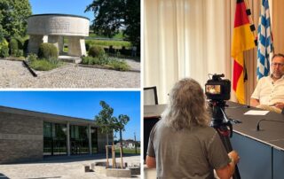 Collage vom Dreh in Mallersdorf-Pfaffenberg: Schulgebäude, Denkmal und Interview im Büro mit Flaggen