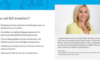 Seite „Was soll BiG erreichen?“ mit Zielen und Zitat von Staatssekretärin Anna Stolz – Trailer für BiG 2.0