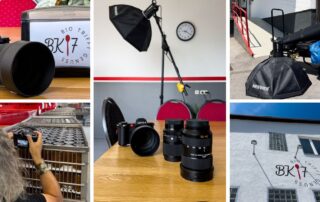 Collage vom Fotoshooting bei Bio-Kontor 7 in Bad Aibling: Kameras, Softbox und Ladenfassade
