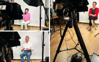 Collage vom Recording Day für die Bayerische Krebsgesellschaft: Interviews im Studio mit Kamera und Licht