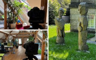 Collage vom Fotoshooting beim BLLV: Büroräume, Kamera und Holzskulpturen im Garten – für office4you