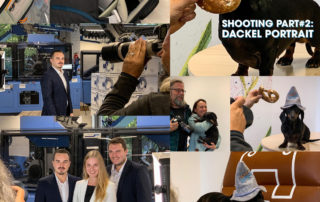 Collage für die Hallo München: Business-Porträts von drei Personen und Shooting eines Dackels mit Hut und Brezel
