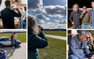 Collage vom iPhone-Dreh „Top Gun Maverick“ mit Rainer Wolf: Porsche, Flugfeld und Team