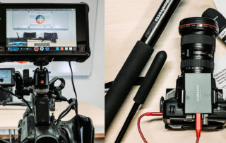 Kamera mit Monitor, Mikrofon und Fotokamera am Set – letzter Drehtag „Digitale Schule 2020“ an der Realschule am Europakanal Erlangen