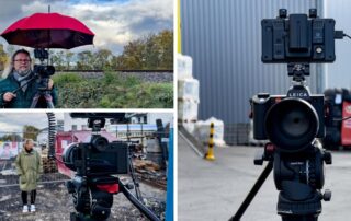 Collage vom Dreh in der Vulkaneifel: Kameramann unter rotem Schirm, Leica-Kamera und Baustelle