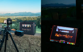 Kamera und Leuchte vor Alpenpanorama, Monitor mit Schweiger-Feuerkorb – Dreh im Biergarten „Zur schönen Aussicht“