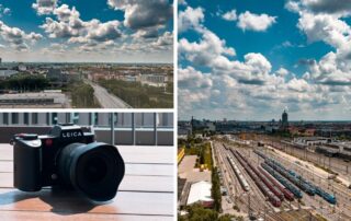 Blick über München mit Bahngleisen und Leica-Kamera auf der Terrasse – Fotoshooting bei Flixbus für office4you