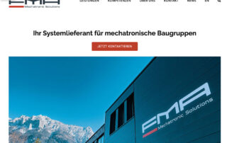 Startseite der neuen Website von FMA Mechatronic Solutions mit Firmengebäude vor Bergen