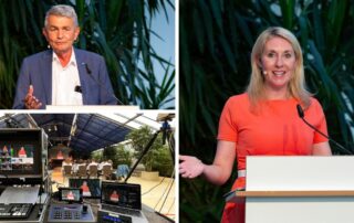 Collage vom Nachhaltigkeitsforum im Botanikum München: Redner, Rednerin am Pult und Streaming-Regie
