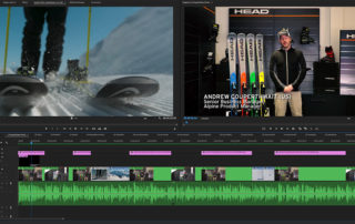Schnittprogramm mit Skifahrer und HEAD-Produktmanager vor einer Skiwand – Editing der HEAD-Wintersportfilme