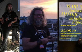 Collage von der Rooftop-Kopfhörerparty im München Hoch5: Michael J. Müller mit Kamera bei Sonnenuntergang und Plakat