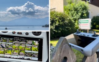 Chiemsee mit Bergen und Wolken, dazu Drohnen-Fernsteuerung – Immobilien-Shooting