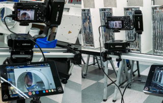 Kameras mit Monitoren auf Slidern in der Fertigung – zweiter Drehtag für den Imagefilm von InPeKo Technologies